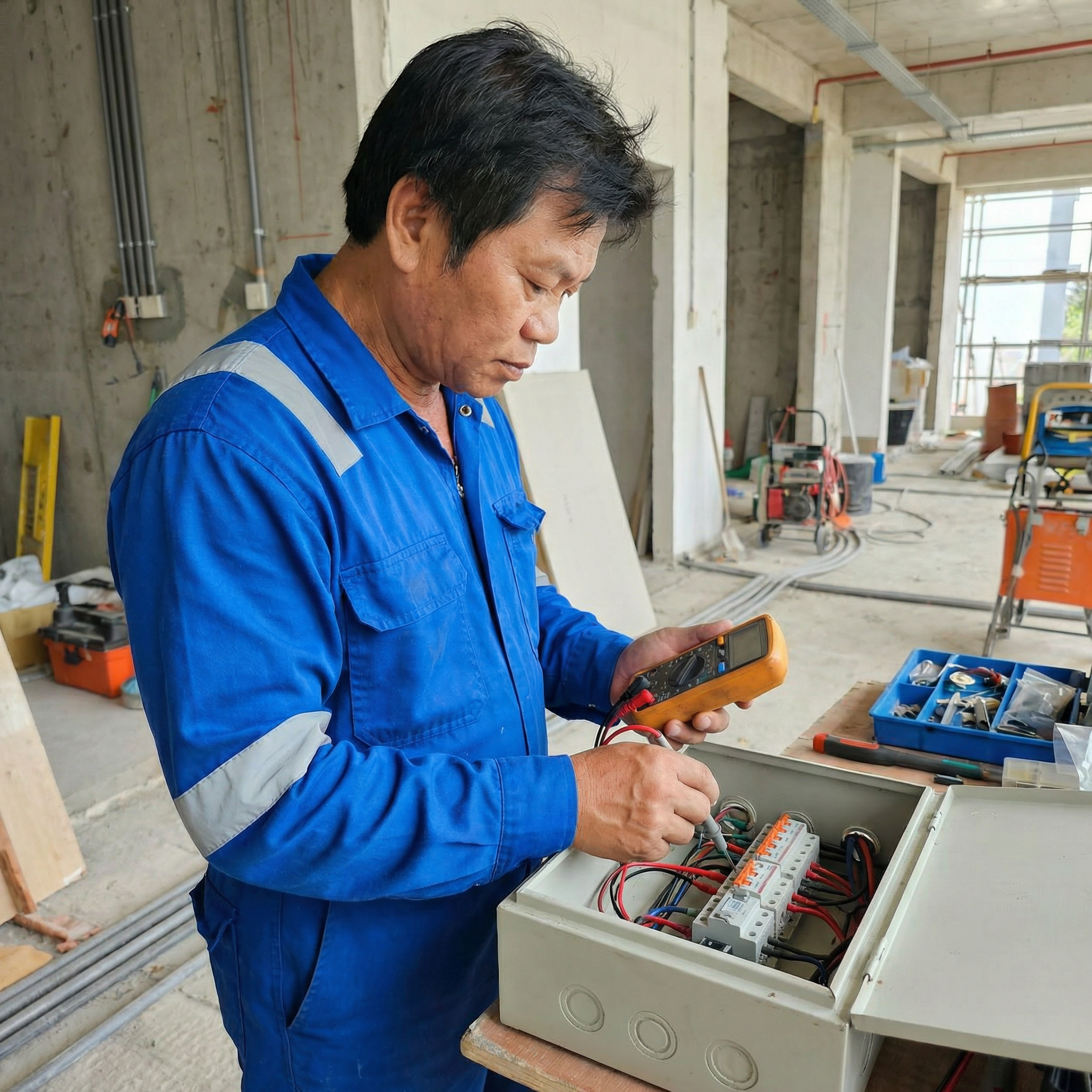 Electrical testing with multimeter during final inspection